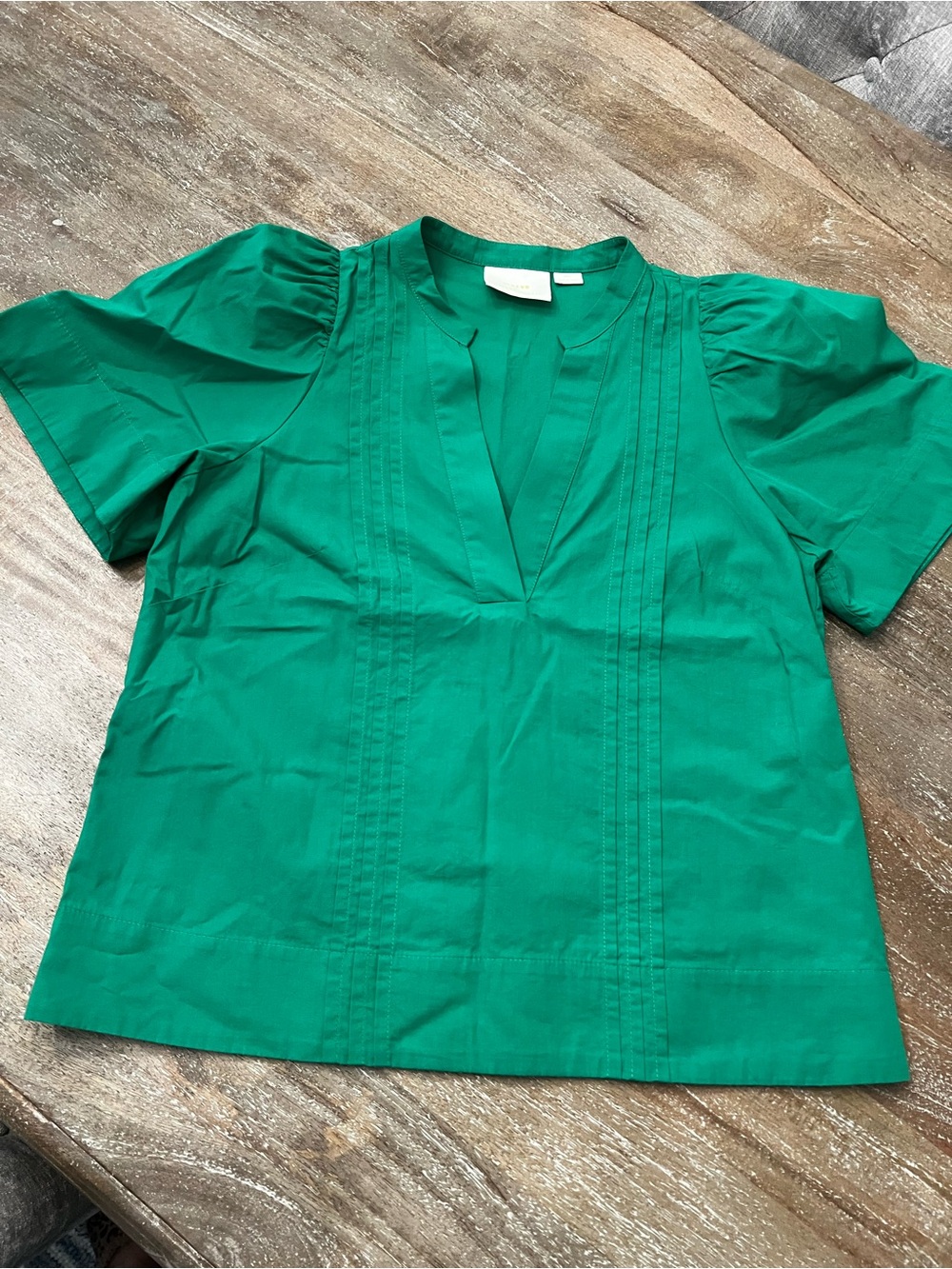 Anthropologie Bright Emerald Split-Neck Pintuck Blouse